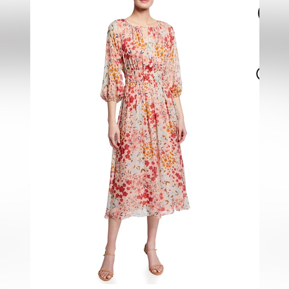 Shoshanna Villa Floral Print 3/4 Sleeve Midi Dress in Pink Blossom. Size 4. NWT.